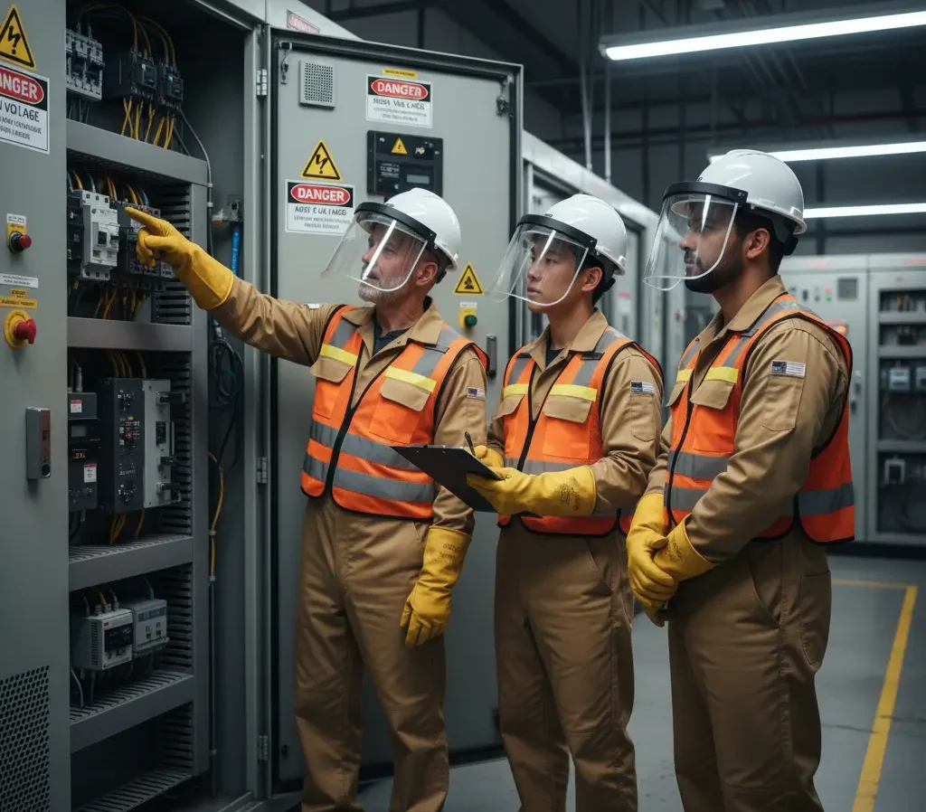 Workers using arc-rated PPE to prevent electrical arc flash injuries