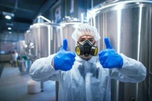 Workers in chemical plant practicing process safety management