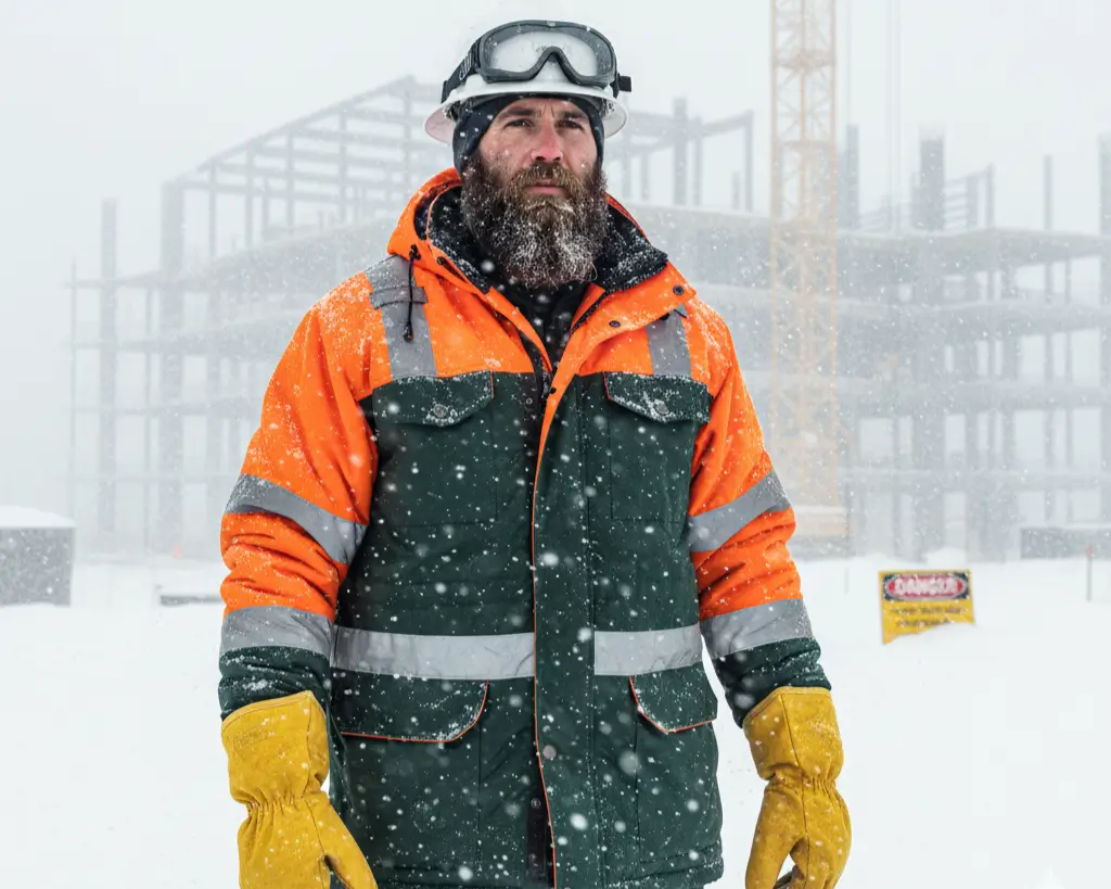 Outdoor worker wearing cold weather PPE and layered clothing in snowy conditions