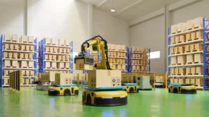 Automated warehouse robots operating alongside human workers.