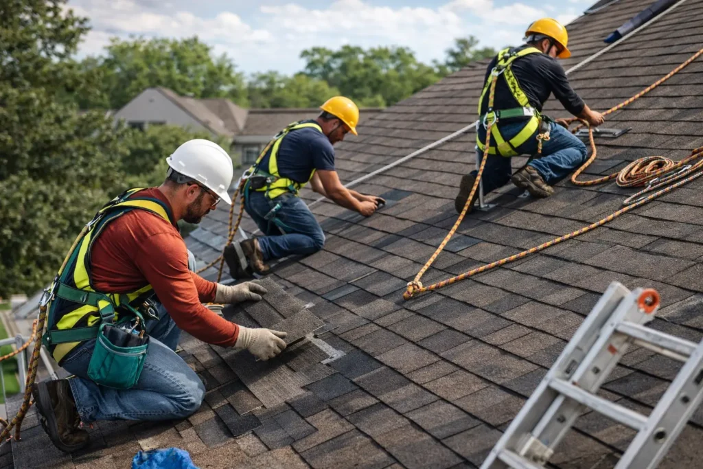 Roofing workers installing shingles with fall protection equipment on residential roof