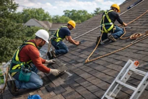 Roofing workers installing shingles with fall protection equipment on residential roof