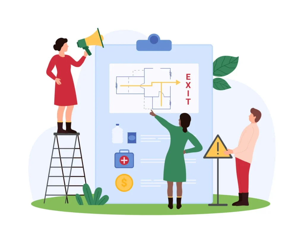 Employees following emergency evacuation plan during workplace drill