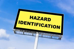 Hazard identification sign representing workplace safety assessment