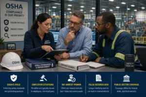 OSHA compliance officer reviewing workplace safety documents with an employer and supervisor