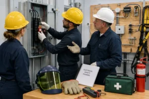 Electricians receiving electrical safety and Lockout/Tagout training