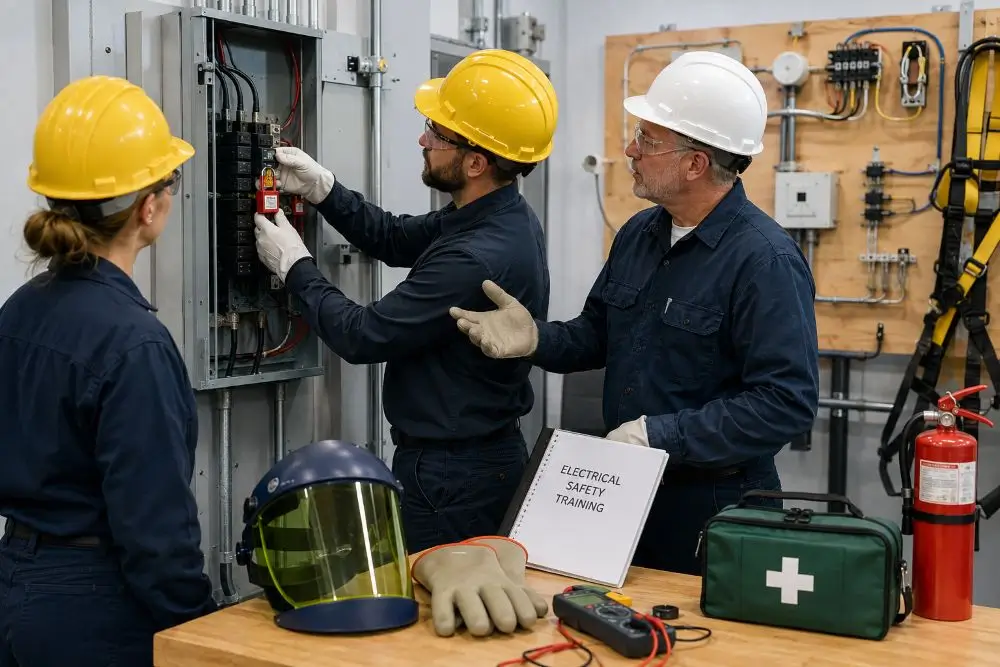 Electricians receiving electrical safety and Lockout/Tagout training
