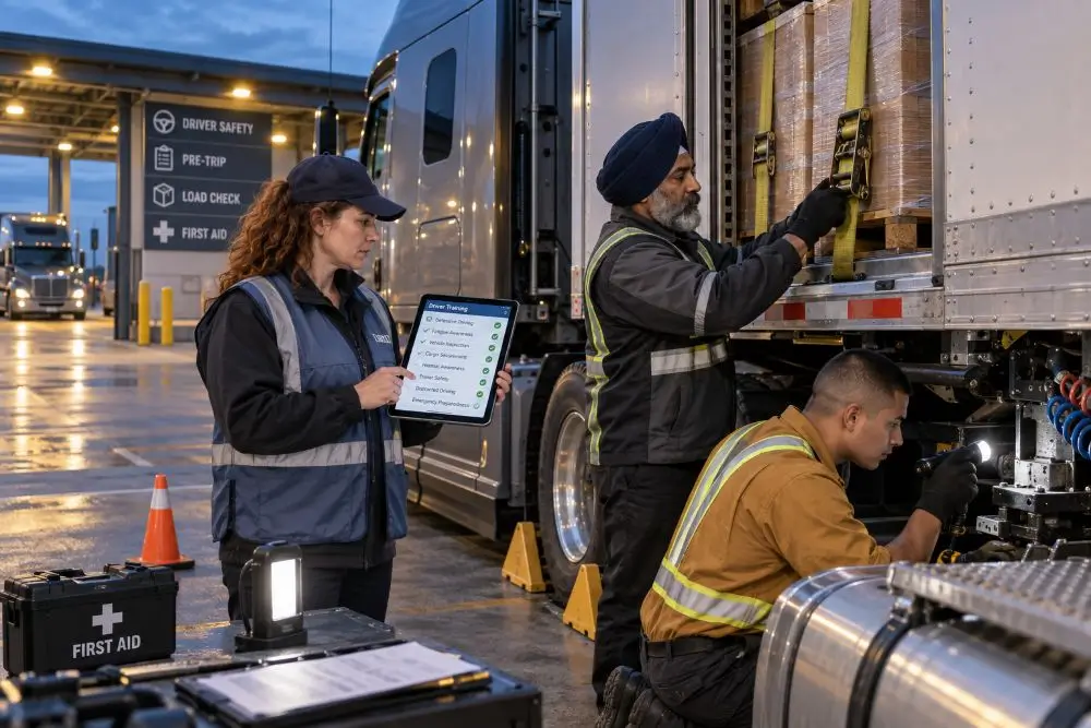 Truck drivers completing cargo-securement and pre-trip safety checks with guidance from a fleet safety manager