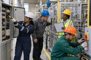 Diverse engineers conducting electrical safety, lockout/tagout, machine-guarding, and risk-assessment checks