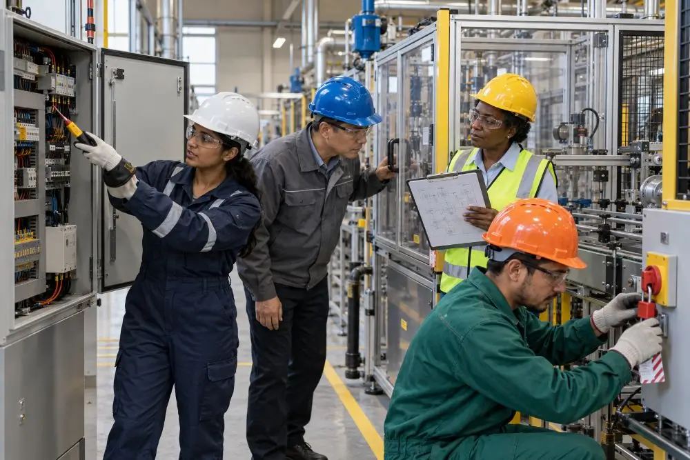 Diverse engineers conducting electrical safety, lockout/tagout, machine-guarding, and risk-assessment checks