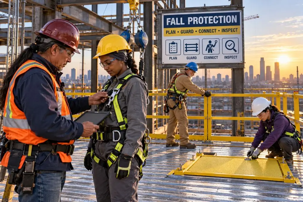 Supervisor inspecting a worker’s fall-arrest harness while a construction crew secures guardrails and a floor opening